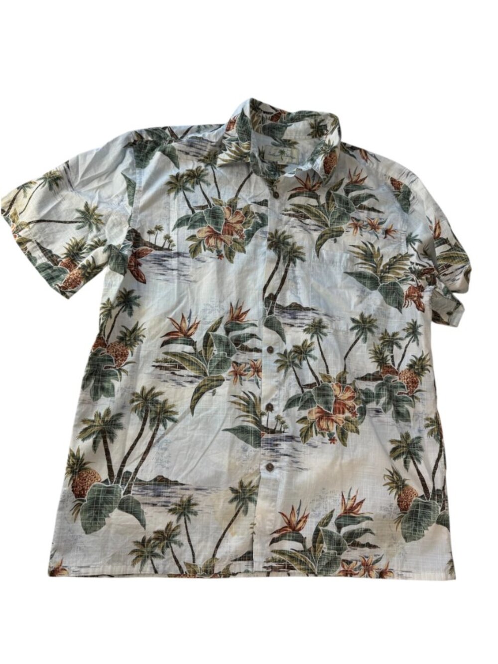 ISLAND SHORES Hawaiian Shirt, Button, Collared, White Green Pineapple Print L